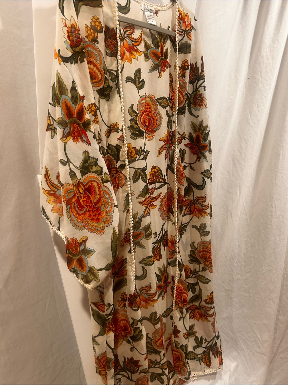 Floral Long Kimono Duster in Cream with Orange & Olive 70s style grandma chic